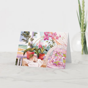 Pretty Pink Watercolor Seaside View Note Card