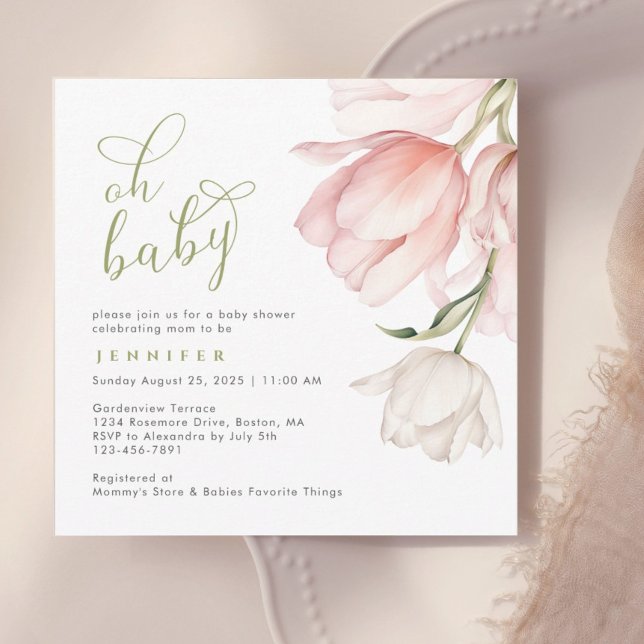 Pretty Pink Watercolor Tulip Baby Shower Invitation (Creator Uploaded)