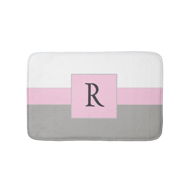 Pretty  Pink White and Grey Monogram Bath Mat (Front)