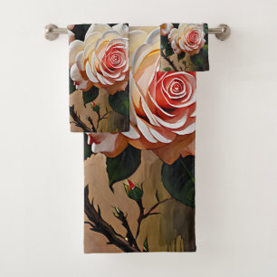 Pretty pink white and red roses oil painting bath towel set