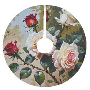 Pretty pink white and red roses oil painting brushed polyester tree skirt