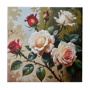 Pretty pink white and red roses oil painting ceramic tile