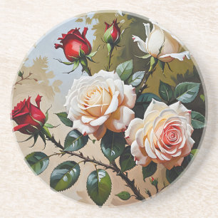 Pretty pink white and red roses oil painting coaster