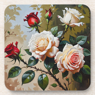 Pretty pink white and red roses oil painting coaster