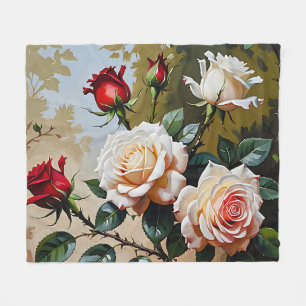 Pretty pink white and red roses oil painting fleece blanket