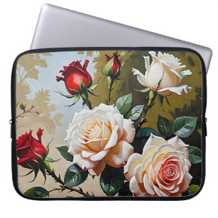 Pretty pink white and red roses oil painting laptop sleeve