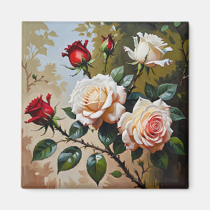 Pretty pink white and red roses oil painting magnet