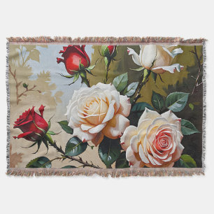 Pretty pink white and red roses oil painting throw blanket