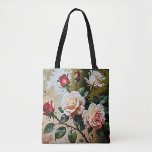 Pretty pink white and red roses oil painting tote bag