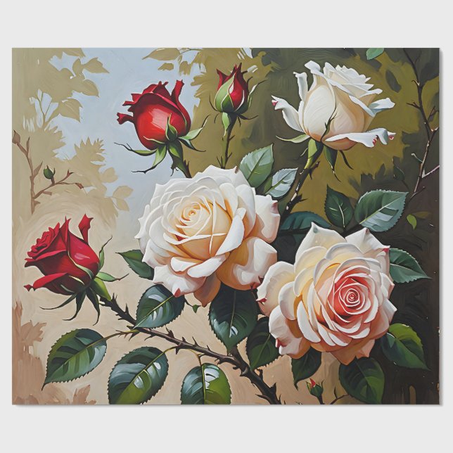 Pretty pink white and red roses oil painting wrapping paper (Flat)