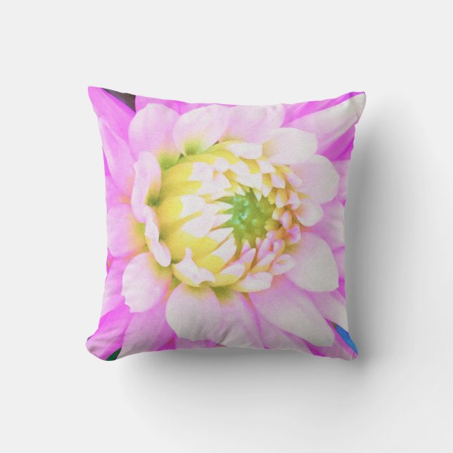 Pretty Pink, White and Yellow Cactus Dahlia Macro Cushion (Front)