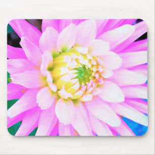 Pretty Pink, White and Yellow Cactus Dahlia Macro Mouse Pad