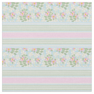 Pretty Pink White Dog Roses on Blue Striped Fabric