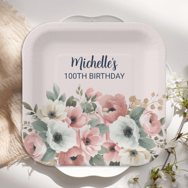 Pretty Pink White Floral 100th Birthday  Paper Plate (Elegant pink and white watercolor floral 100th birthday party paper plates)