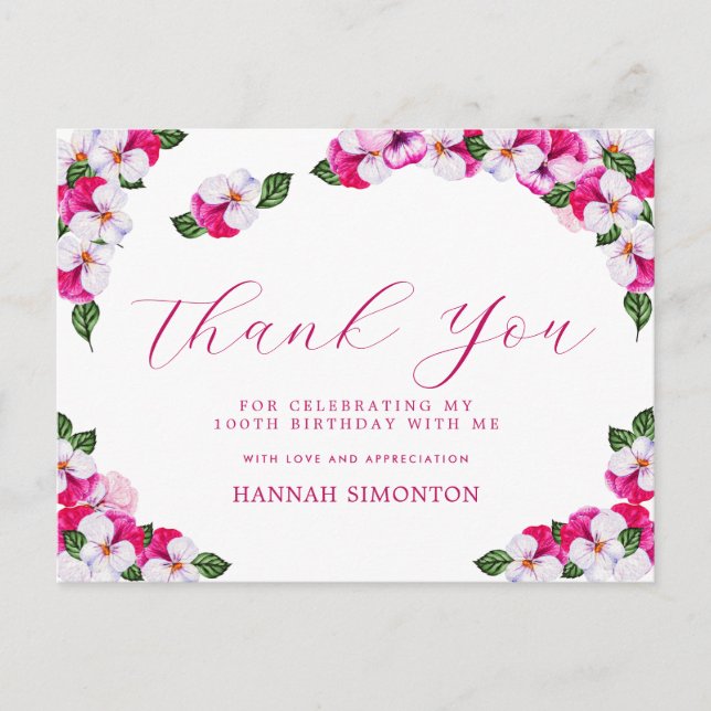 Pretty Pink White Floral 100th Birthday Thank You Postcard (Front)