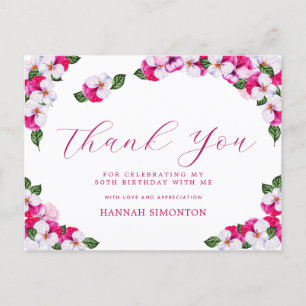 Pretty Pink White Floral 50th Birthday Thank You Postcard