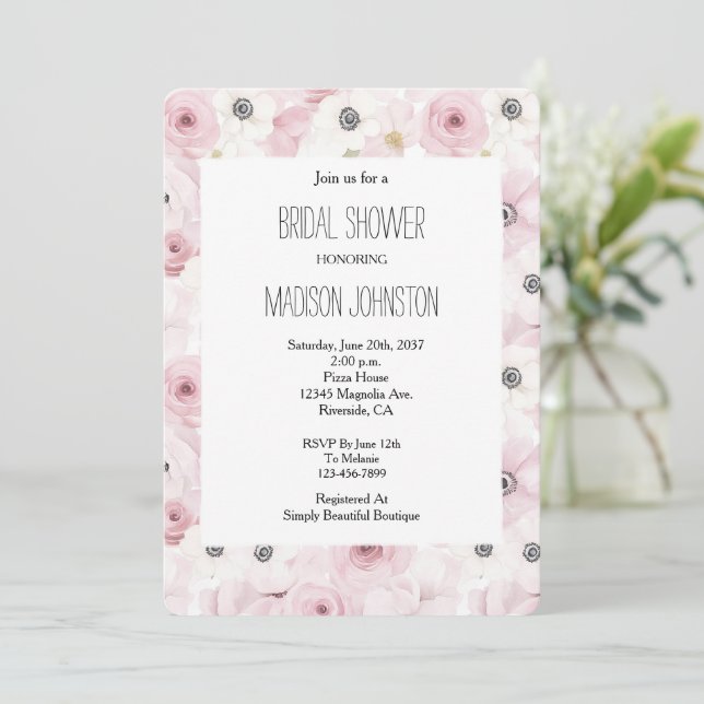 Pretty Pink White Floral Bridal Shower Invitation (Standing Front)