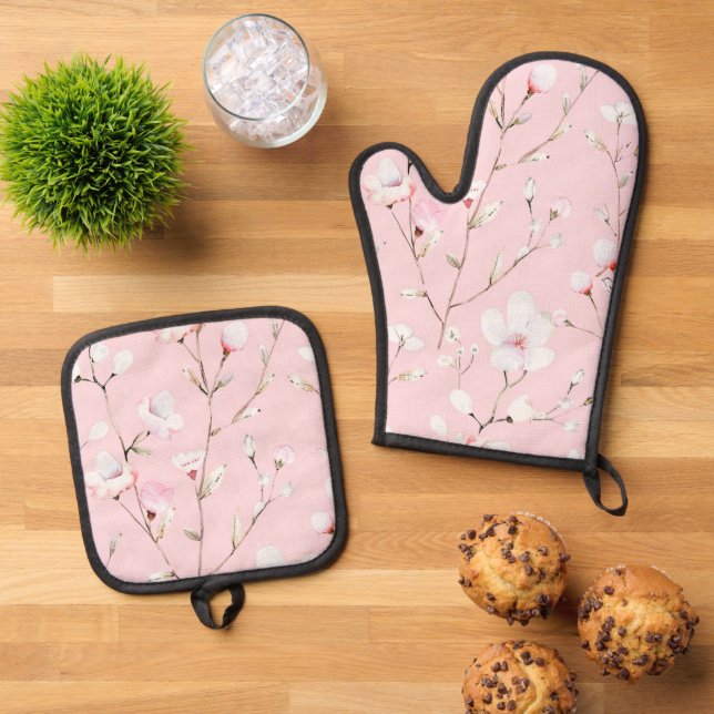 Pretty Pink White Floral Oven Mitt & Pot Holder Set (Top Down)