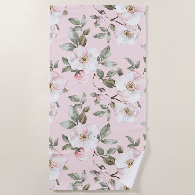 Pretty Pink White Flowers   Beach Towel (Front)