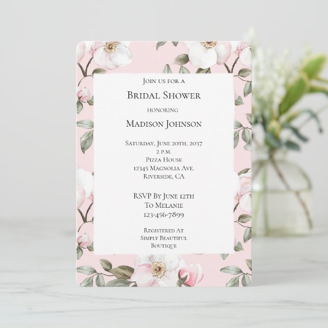 Pretty Pink White Flowers Bridal Shower Invitation (Standing Front)