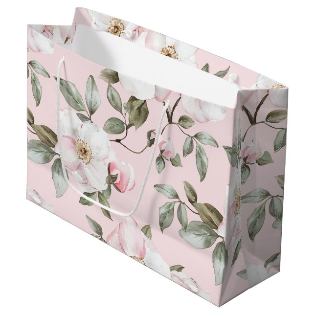 Pretty Pink White Flowers Bridal Shower Large Gift Bag (Front Angled)