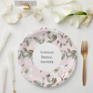Pretty Pink White Flowers Bridal Shower Paper Plate
