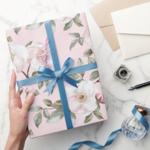 Pretty Pink White Flowers Bridal Shower Wrapping Paper
