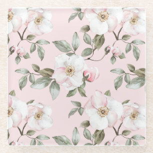 Pretty Pink White Flowers Glass Coaster