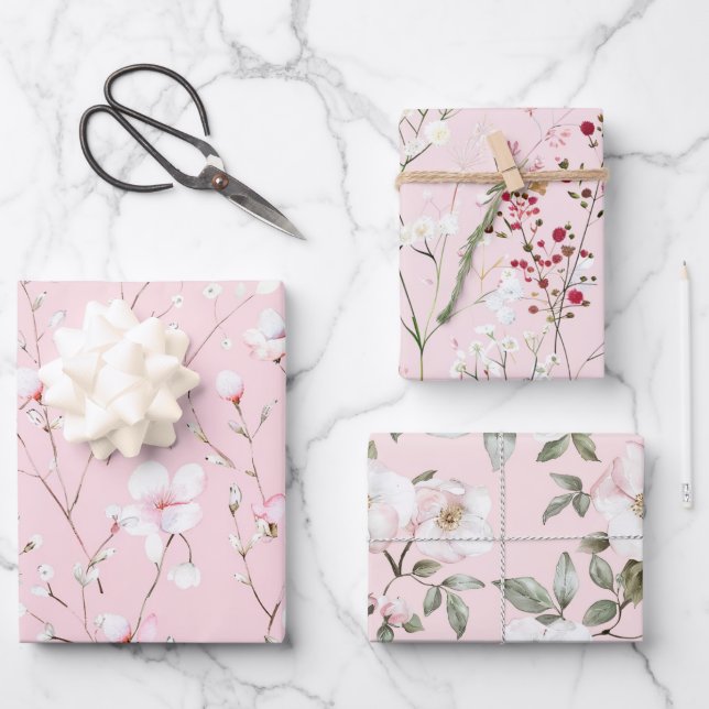 Pretty Pink White Flowers Wrapping Paper Sheet (Front)