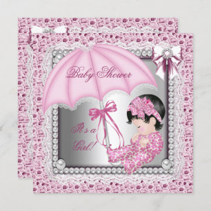 Pretty Pink White Girl Baby Shower Invitation