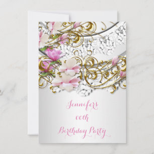 Pretty Pink White Gold Lace Floral Birthday Party Invitation
