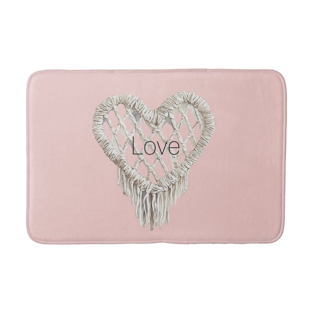 Pretty Pink White Heart Fringe Bath Mat (Front)