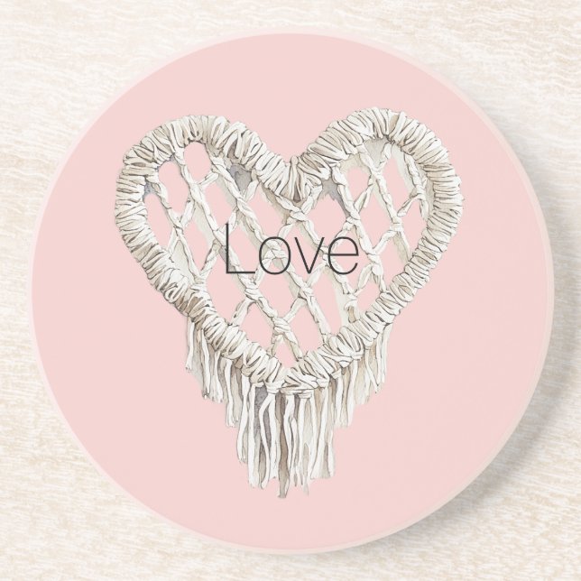 Pretty Pink White Heart Fringe Coaster (Front)