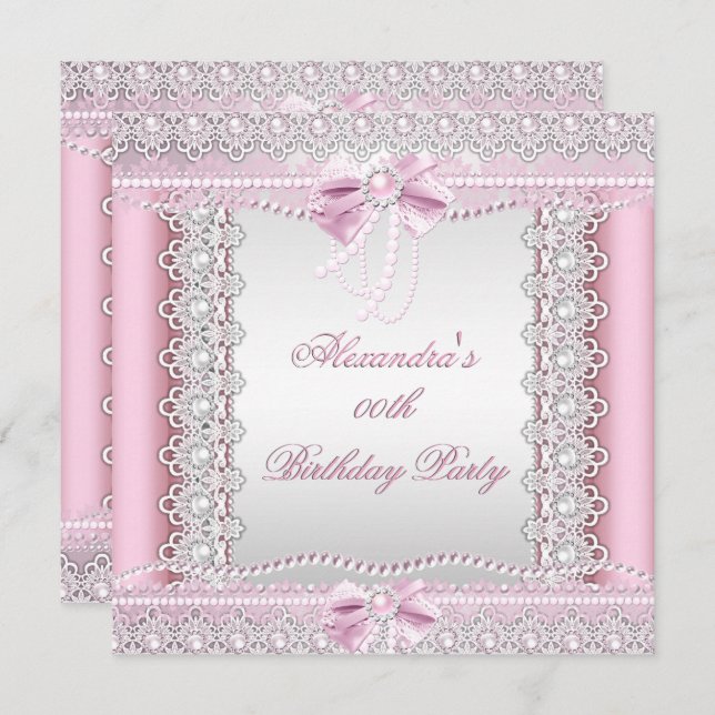 Pretty Pink White Pearls Lace Bow Birthday Party Invitation (Front/Back)
