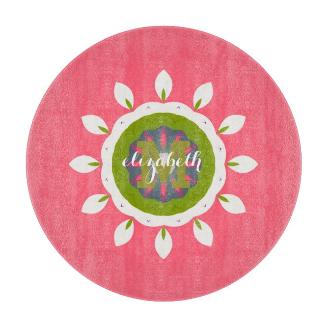 Pretty Pink White Petals Mandala Custom Name Cutting Board (Front)