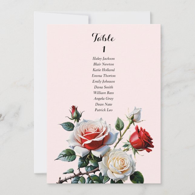 Pretty pink white red rose seating chart card (Front)