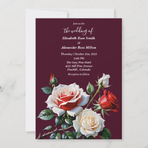 Pretty pink white red roses dark floral wedding invitation