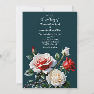 Pretty pink white red roses dark floral wedding invitation