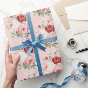 Pretty Pink White Red Roses Floral Bridal Shower Wrapping Paper