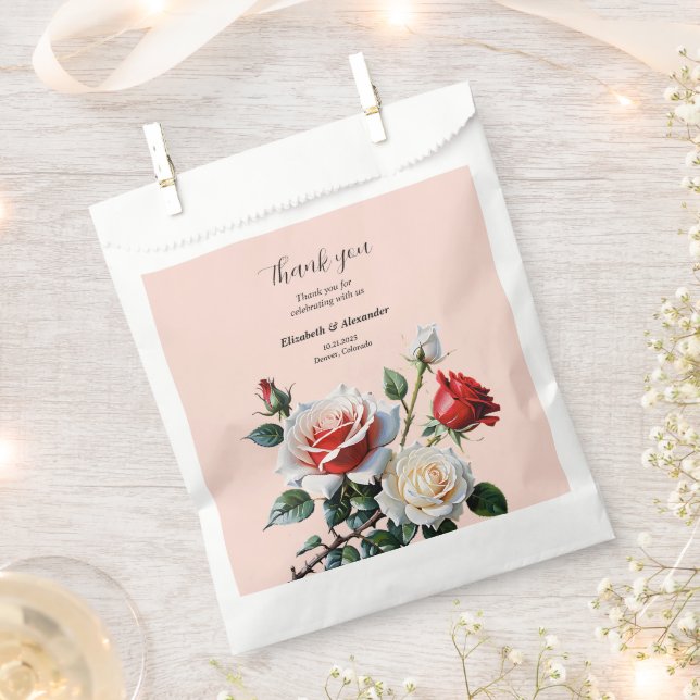 Pretty pink white red roses floral wedding favour bag (Clipped)