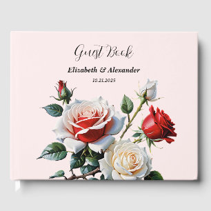 Pretty pink white red roses floral wedding  guest book