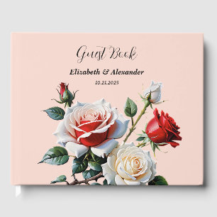Pretty pink white red roses floral wedding  guest book