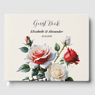 Pretty pink white red roses floral wedding  guest book