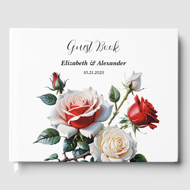 Pretty pink white red roses floral wedding  guest book (Front)