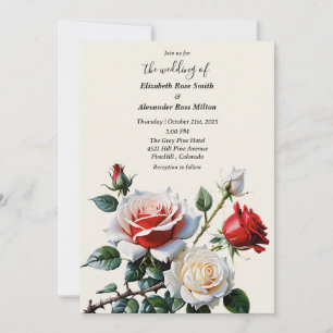 Pretty pink white red roses floral wedding invitation