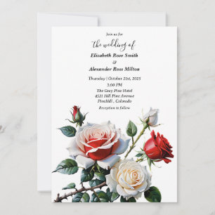 Pretty pink white red roses floral wedding invitation