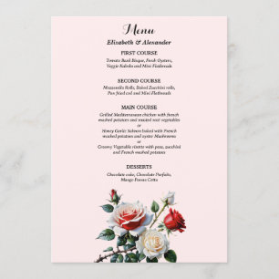 Pretty pink white red roses floral wedding menu