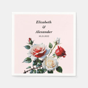 Pretty pink white red roses floral wedding napkin