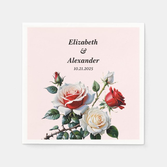 Pretty pink white red roses floral wedding  napkin (Front)