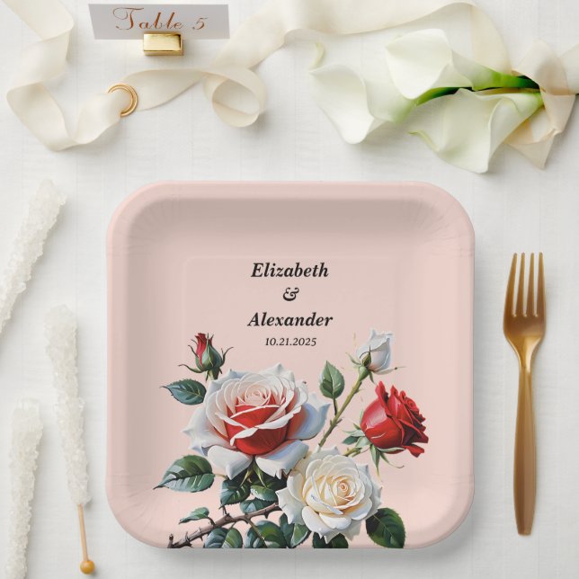 Pretty pink white red roses floral wedding paper plate (Wedding)